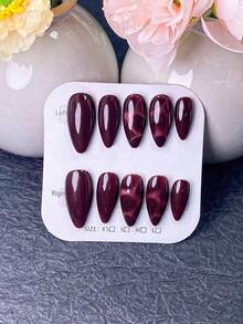 10 buah kuku tempel buatan tangan, bentuk almond pendek untuk musim panas, warna burgundy gelap pekat, hitam, dan burgundy mata kucing dengan tekstur bintang reflektif, gaya modis, cocok untuk pemakaian sehari-hari, kencan, dan acara malam hari. - Burgundy - View 4