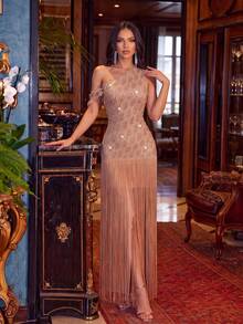 Modphy New Sexy Women's Heavy-Duty Rhinestone Slanted Neck Tassel Dress, Suitable For Weddings, Parties, And Women's Banquet Dresses - Coral Orange - View 1