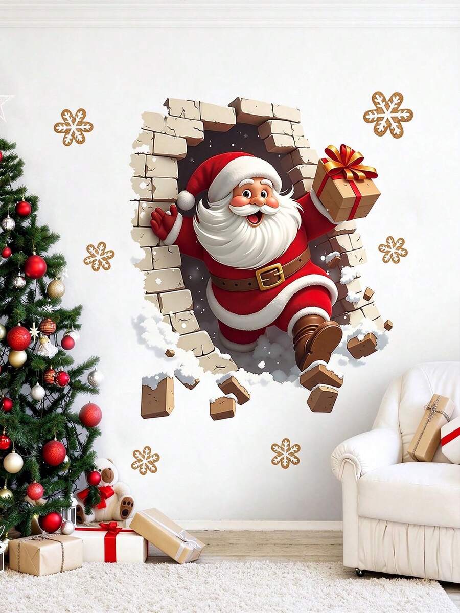 1pc Funny Santa & Xmas Tree Wall Stickers - Christmas Decorations,Removable Self-Adhesive Home Decals For Wall, Party, Holiday Decals - Multicolor - View 1
