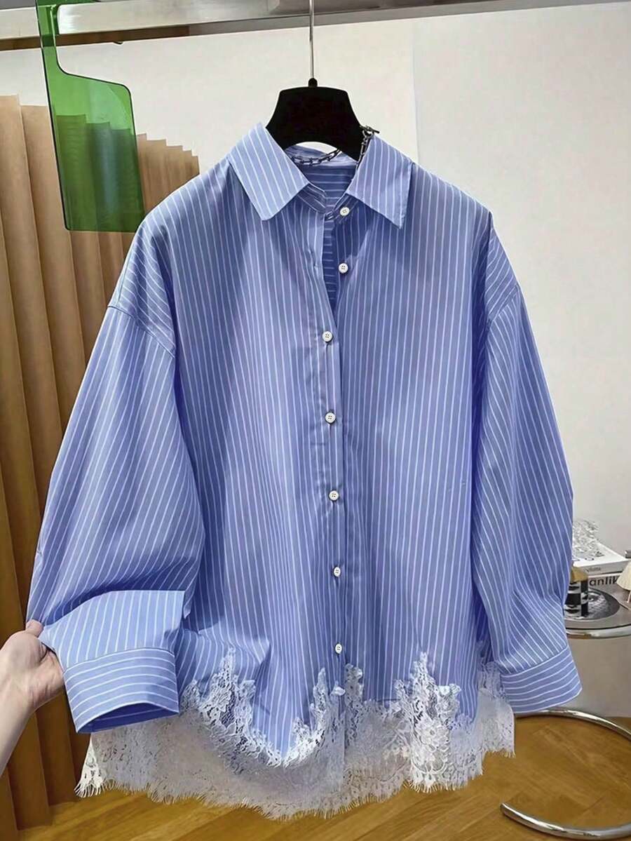 Casual Slouchy Lace Patchwork Turn Collar Long Sleeve Striped Shirt, Striped Lace Patchwork Front Button Down, Daily Office Commute, Autumn/Winter - Blue - View 1