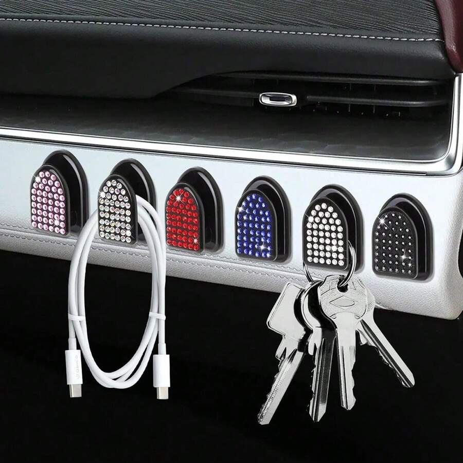 Mini strasskrok för bilinteriör, multifunktionell självhäftande design, kan fästas på instrumentpanel och säten. Glittrande strass, iögonfallande och hållbar, för förvaring av småsaker, utnyttjar ledigt utrymme i bilen fullt ut, vacker och praktisk bildekorationstillbehör. - Mini självhäftande krok med strass - Visa 1