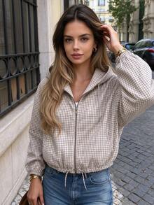 Seelio Spring/Autumn New Women's European And American Style Fashion Versatile Plaid Hooded Jacket - Lattice - View 2