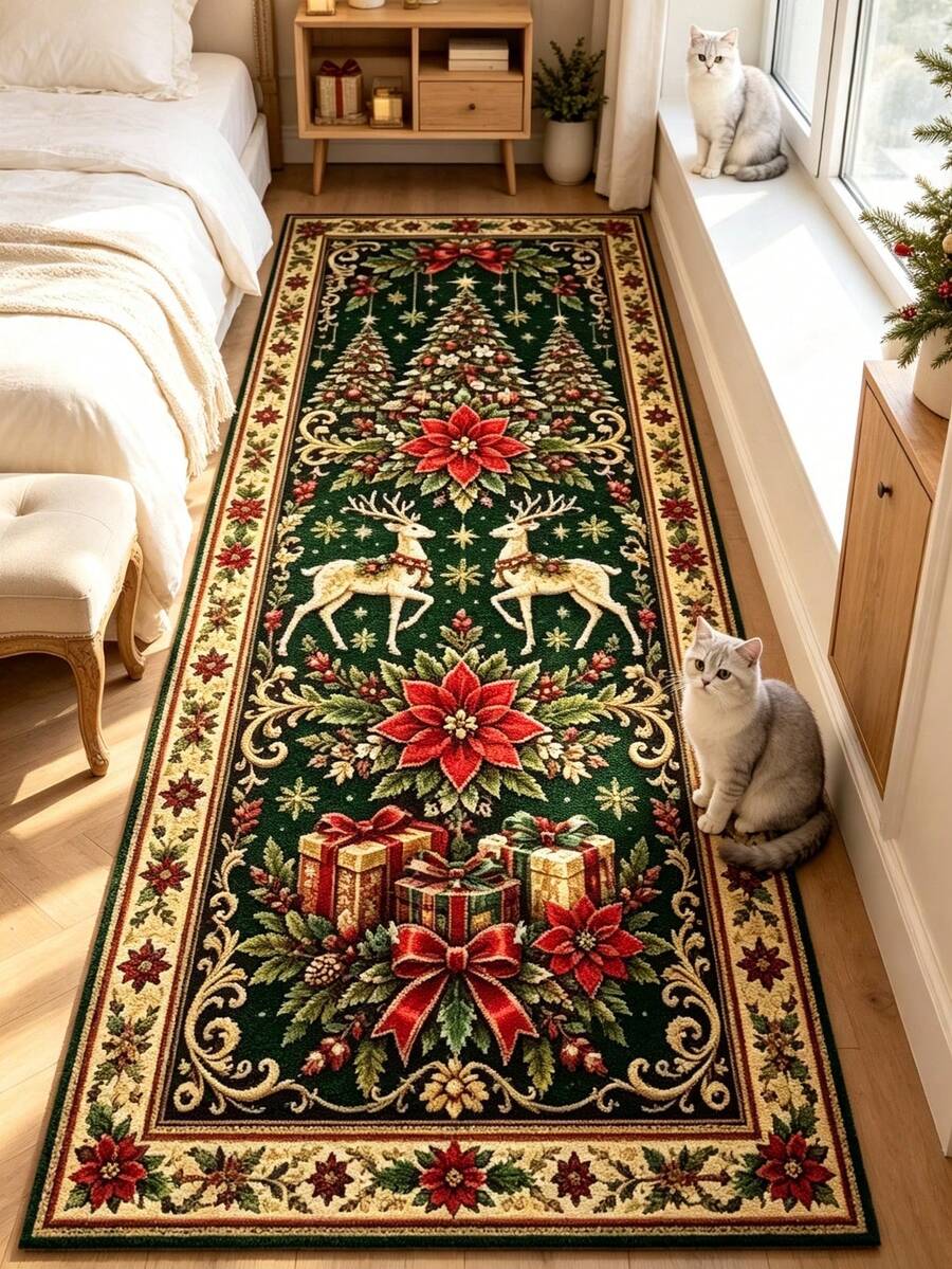 1pc Christmas European Vintage Reindeer Long Plush Rug, Christmas Gift Decor Rug, Bedroom Decor, Small Rug, Carpet, Home Decor, Living Room Rug, Living Room Small Rug, Bedroom Rug, Living Room Home Decor, Outdoor Rug, Washable Rug - Multicolor - View 1