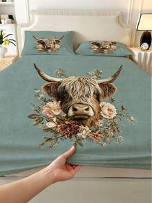 1PC Highland Cow Vintage Floral Print Fitted Sheet (Only Fitted Sheet, No Pillowcase), Soft Bedroom Bedding, Suitable For Bedroom, Guest Room, School Dorm, Easy To Remove And Machine Washable All-Season Mattress Protector - Multicolor - View 5