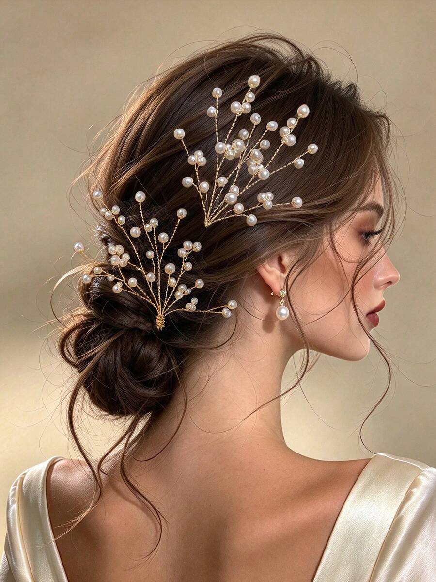 2pcs Women's Luxury Pearl Vine Hair Sticks, Gold Metal Wire Handmade Hair Accessories For Wedding, Party And Banquet - Multicolor - View 1