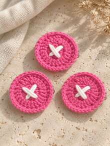 3pcs Pink Crochet Button Hair Clip, Handmade Knitted Round Hair Accessory With White X Detail For Women & Girls - 3pcs Rose Red - View 4