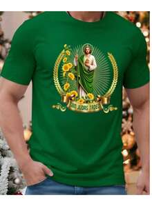 Homme Camiseta de manga corta de cuello redondo casual con estampado de linterna de calabaza de estilo americano para Halloween y ribete de contraste para hombres - Verde Oscuro - Ver 10
