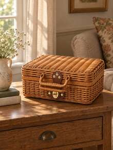 1pc Vintage Suitcase Style Woven Storage Box With Lid And Handle, Brown Rattan Organizer Basket For Living Room Bedroom Home Storage And Bookshelf Decor - Brown - View 1