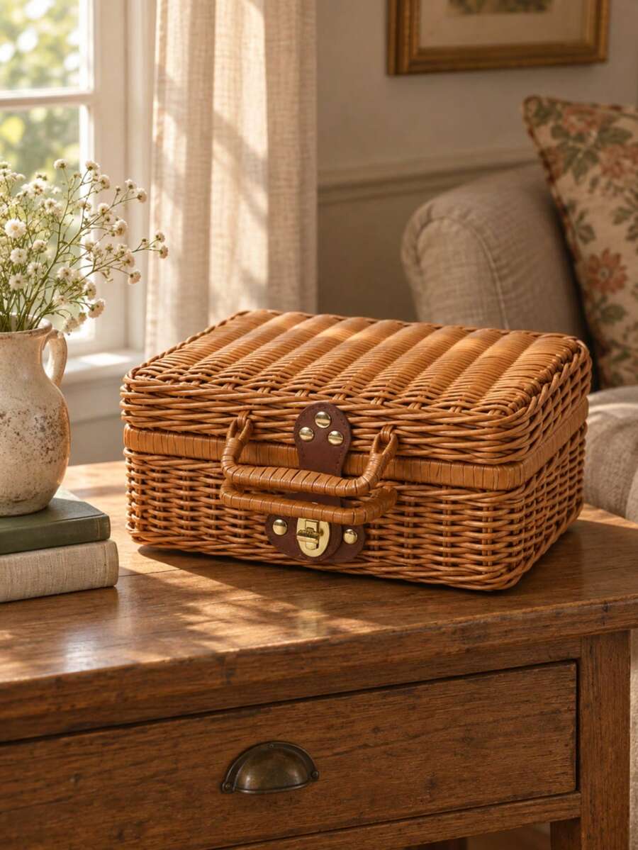 1pc Vintage Suitcase Style Woven Storage Box With Lid And Handle, Brown Rattan Organizer Basket For Living Room Bedroom Home Storage And Bookshelf Decor - Brown - View 1