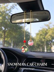 Car Rearview Mirror Hanging Ornament, Alloy & Glass, Gold Red Multi-Color, Christmas Snowman Enamel Charm, Glass Ball With Pink Filler, Beaded Chain, Festive Car Interior Pendant For Holiday Auto Decor - Snowman Bead Chain - View 8