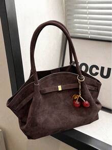 Women's Suede Tote Bag, Slouchy Hobo Shape With Cherry Charm & Gold Hardware, Soft Vintage Style For Daily, Work & Autumn/Winter - Coffee - View 4