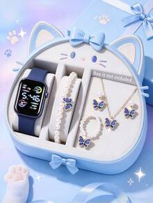 6/1pc Unisex Teen Fashion Digital Pattern LED Screen Electronic Watch With Butterfly Jewelry Set Including Necklace, Bracelet, Ring And Earrings, Perfect For Students Daily Wear, Back To School Season, Back To School Gift, Multi-Holiday Gift Choice (Gift Box Not Included) - Multicolor - View 9