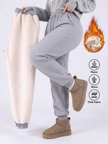 Celana Panjang Wanita Warna Polos dengan Tali Serut dan Lapisan Termal, Celana Panjang Tebal dan Nyaman dengan Lipatan di Bagian Bawah, Cocok untuk Aktivitas Luar Ruangan Musim Gugur/Musim Dingin dan Pakaian Sehari-hari - Light Grey - View 1