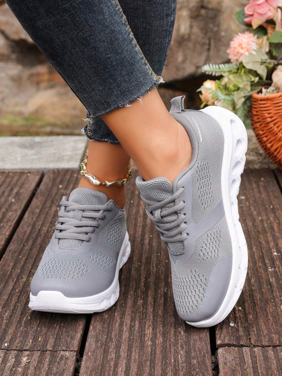 Solid Color Mesh Lace-Up Casual Women's Shoes, Hollow Thick Sole Daily Wear Sneakers