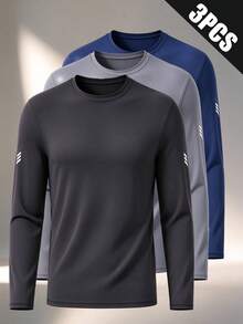 Men's Autumn Crew Neck Long Sleeve T-Shirts 3pcs Set, Reflective Print On Both Sleeves, Casual Inner Layer, Soft Comfortable Breathable Undershirt - Multicolor - View 10