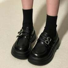BulaLa Cute Leather Shoes Solid Color Preppy Academy Gothic Style Cute PU Leather Buckle Home Suitable For Spring Summer Autumn Winter - Black - View 7