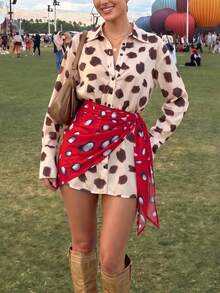 DOUCIU Polka Dot Flared Sleeve Collar Patchwork Dress, Casual Street Style Travel Outfit - Khaki - View 1