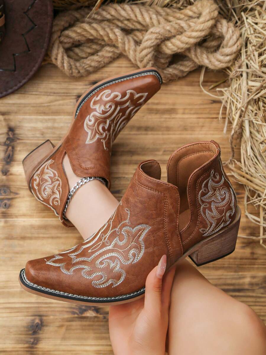 Women's Embroidered Western Ankle Boots, Cowboy Boots With Side Cutouts, Ankle Boots - Brown - View 1