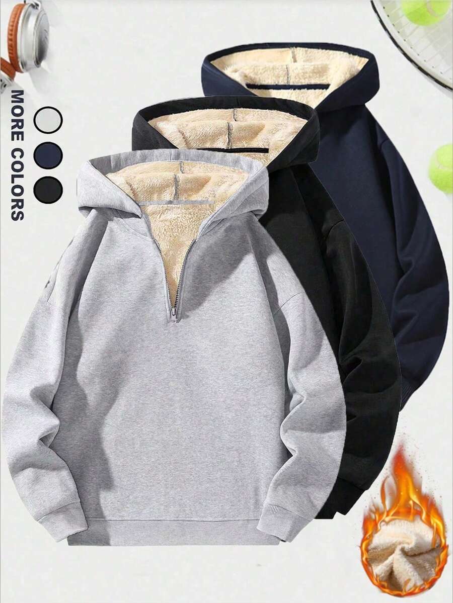 Autumn/Winter! Men's Half-Zip Thermal Lined Thick Hooded Pullover Sweatshirt - Grey - View 1