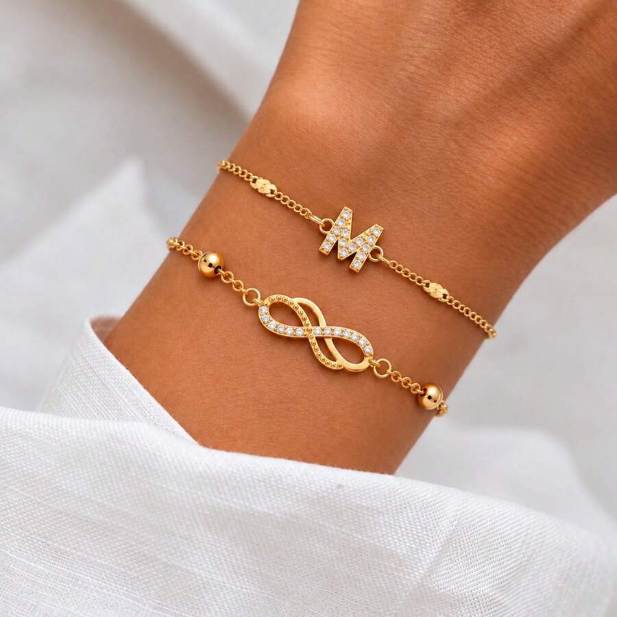 Bộ 2 vòng tay nữ dạng layer bằng thép không gỉ mạ vàng, biểu tượng vô cực và chữ cái, phong cách cổ điển mới - Vàng - Xem 1