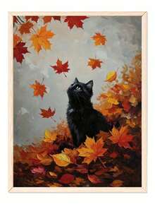 DIY Paint By Numbers Kit, Black Cat In Autumn Maple Leaves, Animal Digital Oil Painting, Handmade Home Wall Art Decor - A - View 4