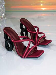 Women's Burgundy Square Toe Pyramid Decor High Heel Mule Sandals, Glamorous Party High Heel Slippers - Burgundy - View 3