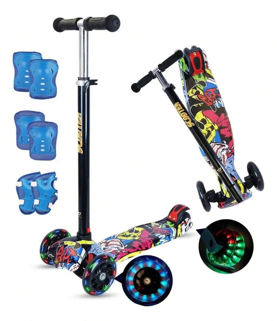 Scooter Para Niños 3 Ruedas Plegable Con Manubrio Ajustable Color Negro. Patín Del Diablo Para Niños Niñas De 3 A 7 Años, Patinete Ajustable 4 Alturas Ruedas Con Luces Led Y Kit De Protección. - Negro | Grafiti - Ver 1