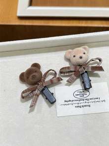 2Pcs Korean Style Autumn Winter Bear Bow Hair Clips, Retro Alligator Clips For Girls, Cute Side Bangs Hairpins For Broken Hair - Multicolor - View 4