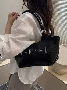 Tas Bahu Wanita Minimalis Serbaguna Desain Niche Terbaru Musim Gugur 2026 Warna Solid Tas Bahu Bawah Lengan - Hitam - View 7