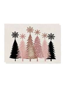 4Pcs Pink Rose Gold Christmas Tree Placemats Snowflake Xmas Tree Table Mats Modern Farmhouse Winter Holiday Dining Table Decor - Pink - View 13