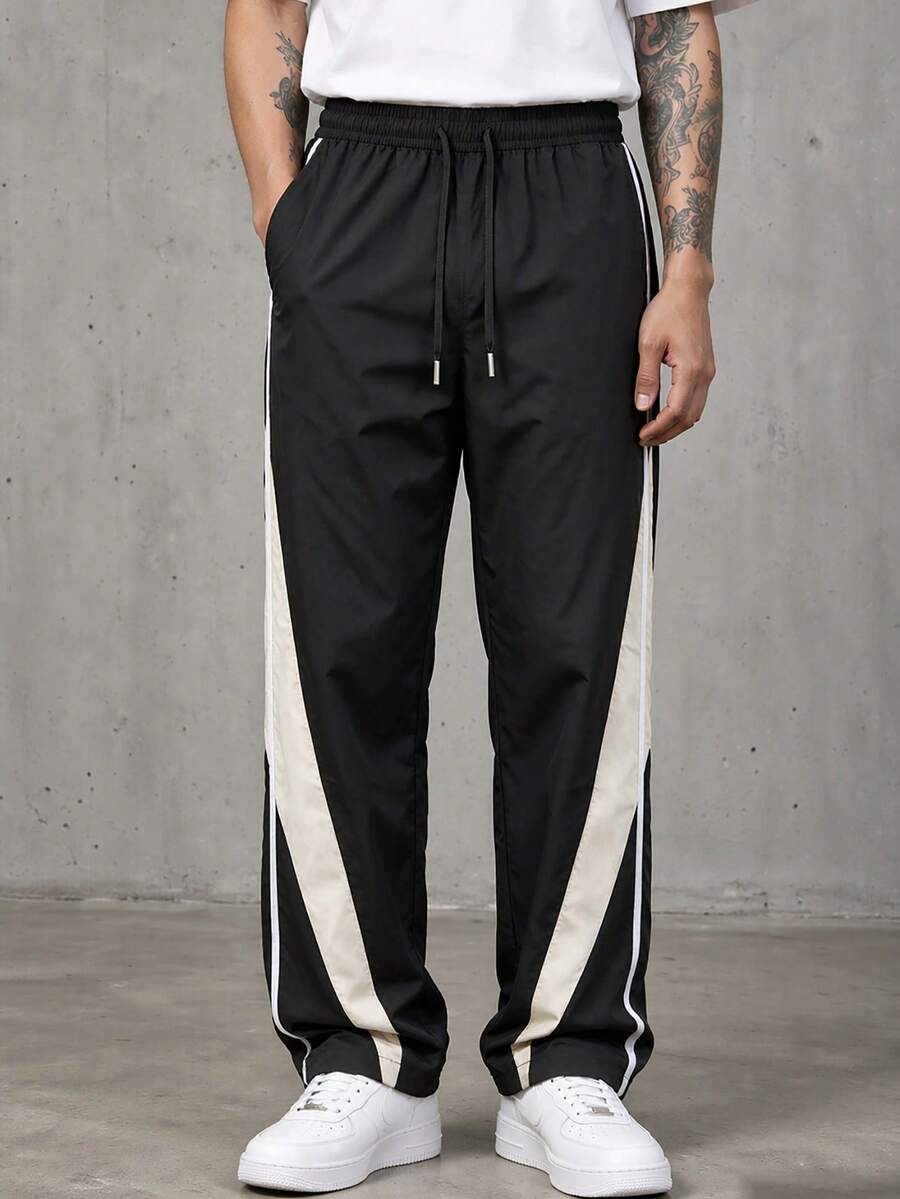Black Side White Block Patchwork Striped Wide Leg Sports Long Pants, Elastic Drawstring Straight Leg Loose Casual Pants For Men - Black - View 1