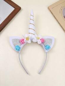 2pcs Cute Unicorn Horn Flower Decor Headband, Party Costume Headpiece, Photo Prop, Holiday Styling Headband - Multicolor - View 15