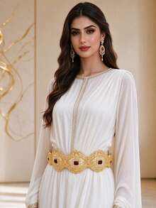 Moroccan Bridal Waist Belt With Petal-Shaped Hollow Rope Design, Stretchable Kaftan Dress Wedding Waistband - One Size - View 1