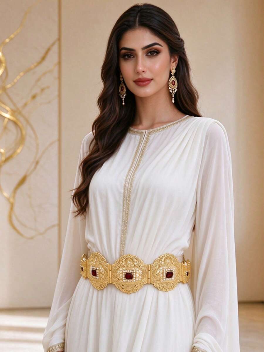 Moroccan Bridal Waist Belt With Petal-Shaped Hollow Rope Design, Stretchable Kaftan Dress Wedding Waistband - One Size - View 1