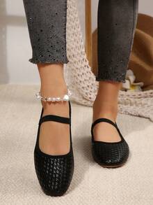 Women's Plus Size Solid Color Fashion Flat Shoes For Outdoor All Seasons - Black - View 5