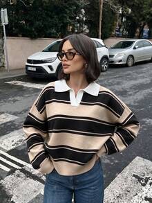 優雅杏色條紋女款長袖上衣，復古修身腰線套頭針織毛衣，週末街頭風學院風秋冬上衣，時尚款 - 深杏色拼黑色 - 查看 5