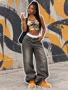 Jeans de pierna ancha estilo vacaciones Y2K lavados y desgastados para mujer, casual para primavera y otoño - Gris Claro - Ver 1