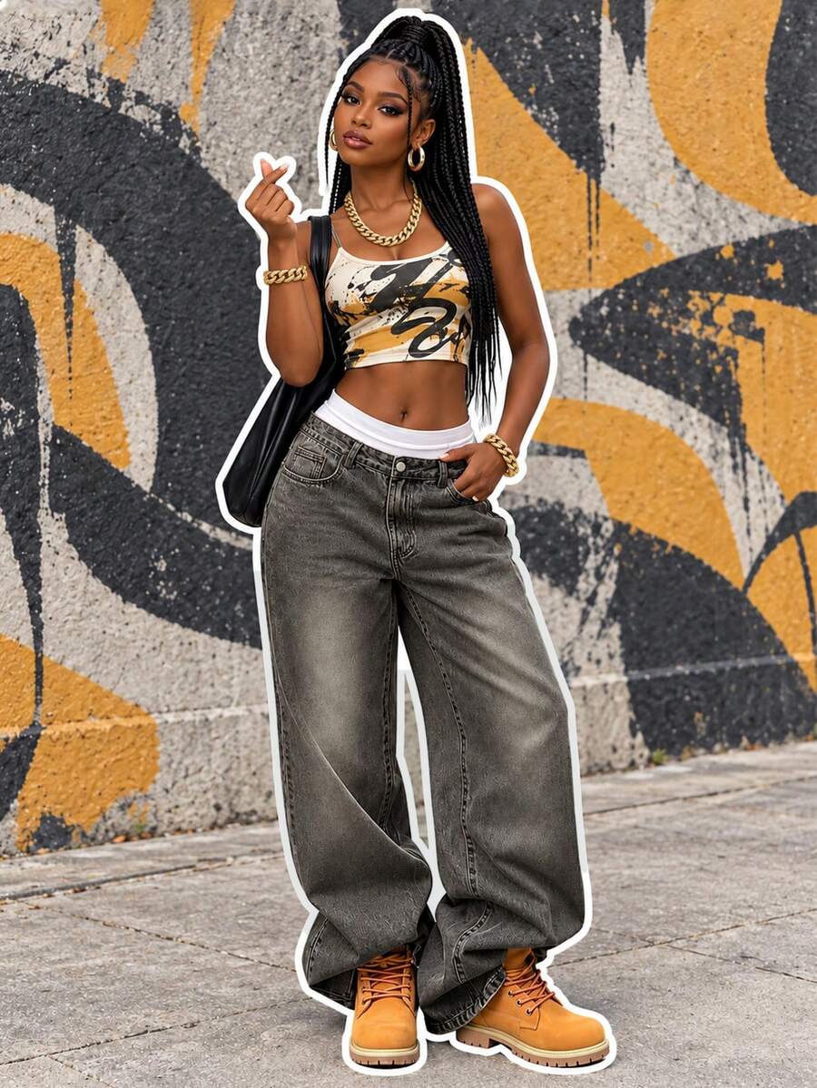 Jeans de pierna ancha estilo vacaciones Y2K lavados y desgastados para mujer, casual para primavera y otoño - Gris Claro - Ver 1