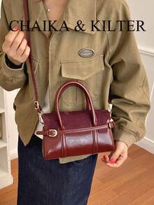 1pc Fashionable Buckle PU Fabric Handbag With Adjustable Shoulder Strap, Suitable For Commuting, Shopping And More - Burgundy - View 12