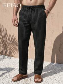 FEIAO Men's Vintage Striped Casual Pants, Fashionable And Versatile, Suitable For Business And Commuting - Black - View 2