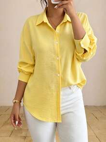 Women's Plus Size Backless Long Sleeve Shirt Collar Woven Top, Spring Essential, Long Shirt Style - Yellow - View 2
