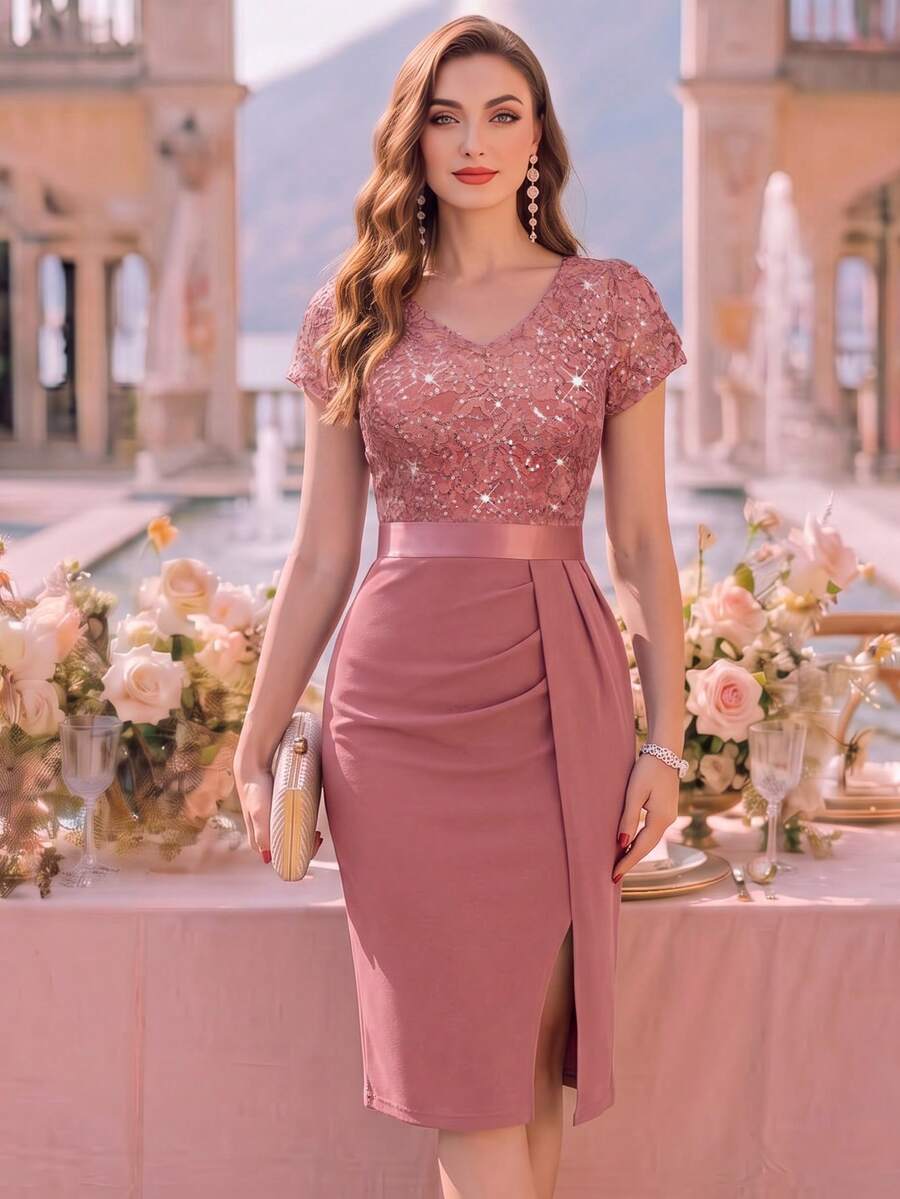 MIUSOL Elegant Sequin Lace Puff Sleeve Ruched High Slit Fitted Cocktail Dress, Semi-Formal Women's Wear Party Wedding Fall - Dusty Pink - View 1