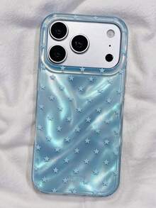 時尚可愛亮面亮片星星不對稱水波紋紋理手機殼，適用於 iPhone 18 Pro Max 17 Pro Max 16 15 Pro Max 13 14 Pro 14 15 16 Plus 17 13 15 16，防震亮面後蓋保護殼 - 藍星星 - 查看 2