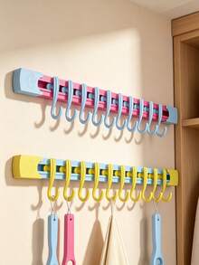 2/1pc Cute Pastel Style Plastic Long Strip Wall Mount Hook Rack With 10 Hooks, Punch‑Free Strong Load‑Bearing Hanging Holder, Multi‑Hook Wall Hanger, Suitable For Entryway, Bedroom, Bathroom, Dormitory, Closet,All‑Season Home Storage Organization - Multicolor - View 3