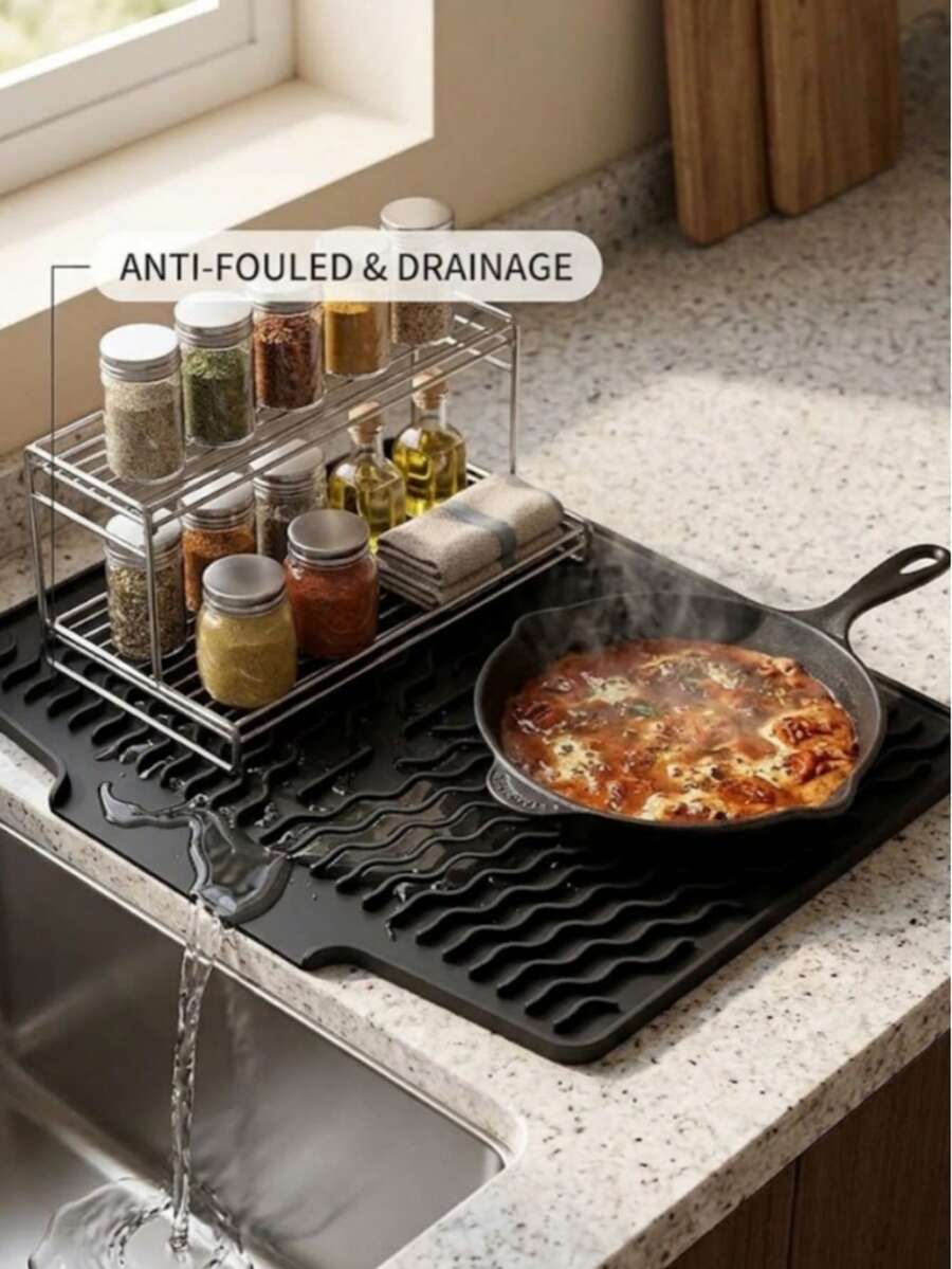 Thickened Silicone Draining Mat, High Slope Automatic Drainage Mat, Foldable Kitchen Drying Mat, Dish Draining Mat, Sink Anti-Slip Mat, Heat-Insulating, Shock-Absorbing, Sound-Insulating, Desktop Heat-Insulating Mat, Foldable And Rollable For Easy Storage, Kitchen Essential, Kitchen Decor. Halloween, Christmas, Best Gift For Women. Kitchen Gadget; Desktop Accessory