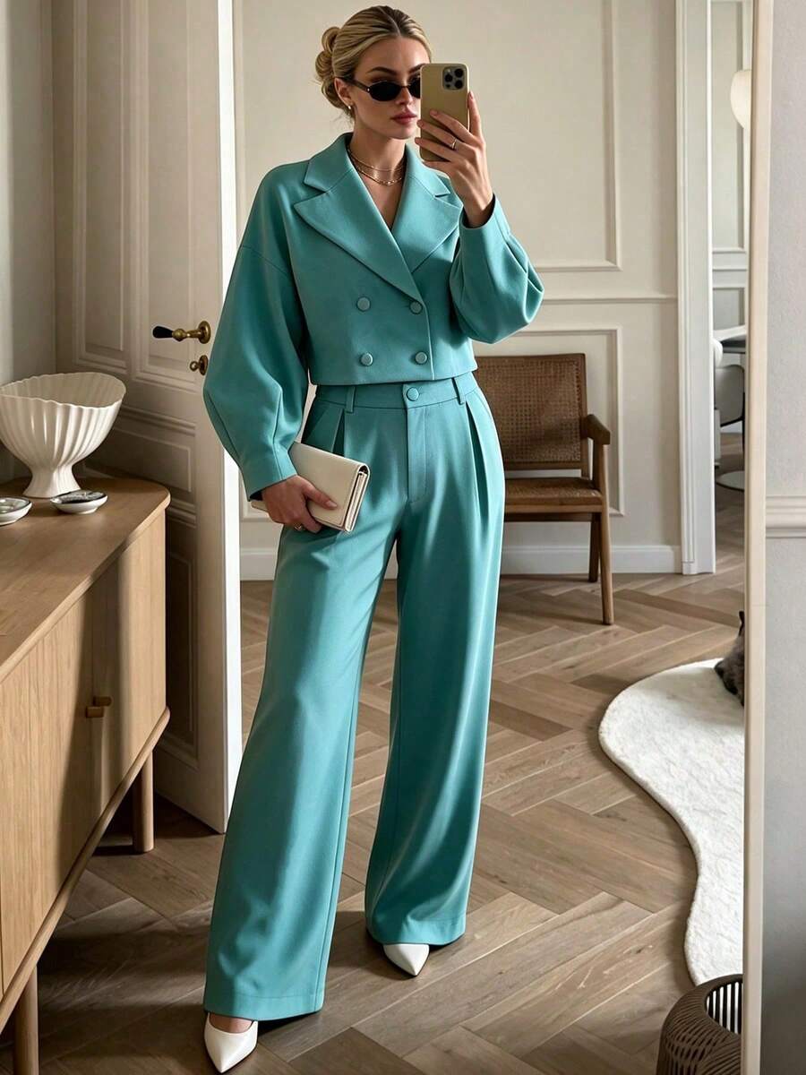 Women's Elegant Double-Breasted Lapel Blazer & Wide Leg Pants 2 Pieces Set, Autumn/Winter Daily Commute - Lake Green - View 1