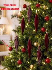 12pcs Set - 6 Inch Burgundy Velvet Christmas Ornaments And Christmas Balls, Shatterproof Surface Design, Suitable For Weddings, Holiday Parties And Christmas Tree Decoration, Suitable For Indoor And Outdoor Decor. - Wine Red - View 15