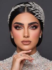 1pc Elegant Handmade Rhinestone Bridal Hair Accessories Leaf Shape Hair Hoop Women Headdress For Wedding - Silver - View 5