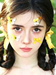 1pc Autumn Limited Edition New Yellow Heart Bow Star Face Stickers, Y2K Yellow & White Eye-Catching Butterfly Face Stickers, DIY Face Stickers, Suitable For Face Sticker Store - Multicolor - View 3