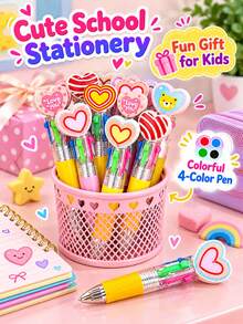 Cute Heart‑Shaped 4‑In‑1 Multicolor Ballpoint Pens, Kids Cartoon Multi‑Color Retractable Pens, Fun Gift Set For Birthday & Kids Party Favors - Multicolor - View 4